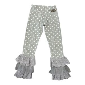 Matilda Jane Benny Edie Leggings Girl size 6 Gray White Polka Dots Lace